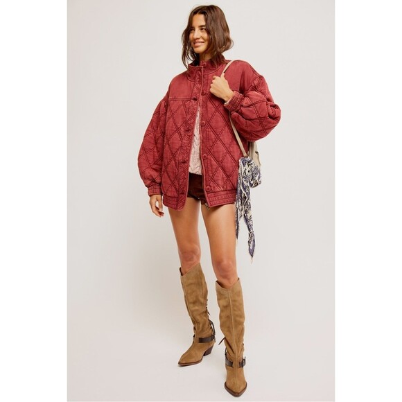 Free People Juno Quilted Jacket Top Bomber Oversized Buttondown Cotton M 284211 - Picture 2 of 10